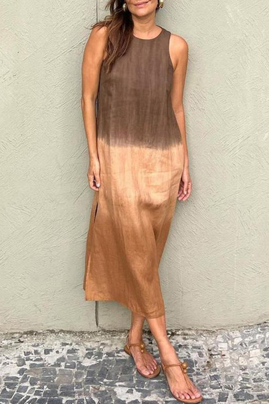 Vestidos casuales sin mangas con cuello redondo, estampado degradado y contraste