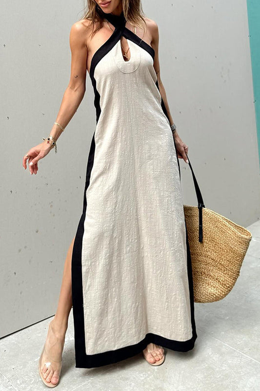Vestidos casuales sin mangas con cuello halter, aberturas y contraste liso
