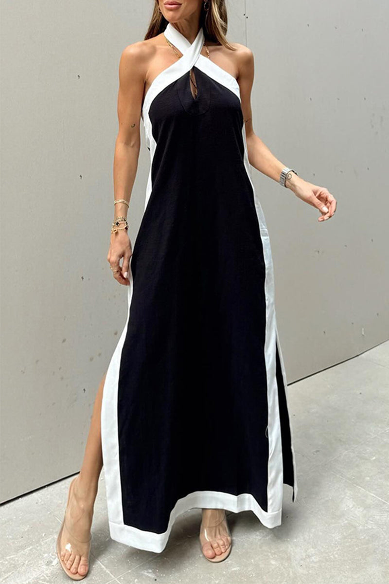 Vestidos casuales sin mangas con cuello halter, aberturas y contraste (3 colores)