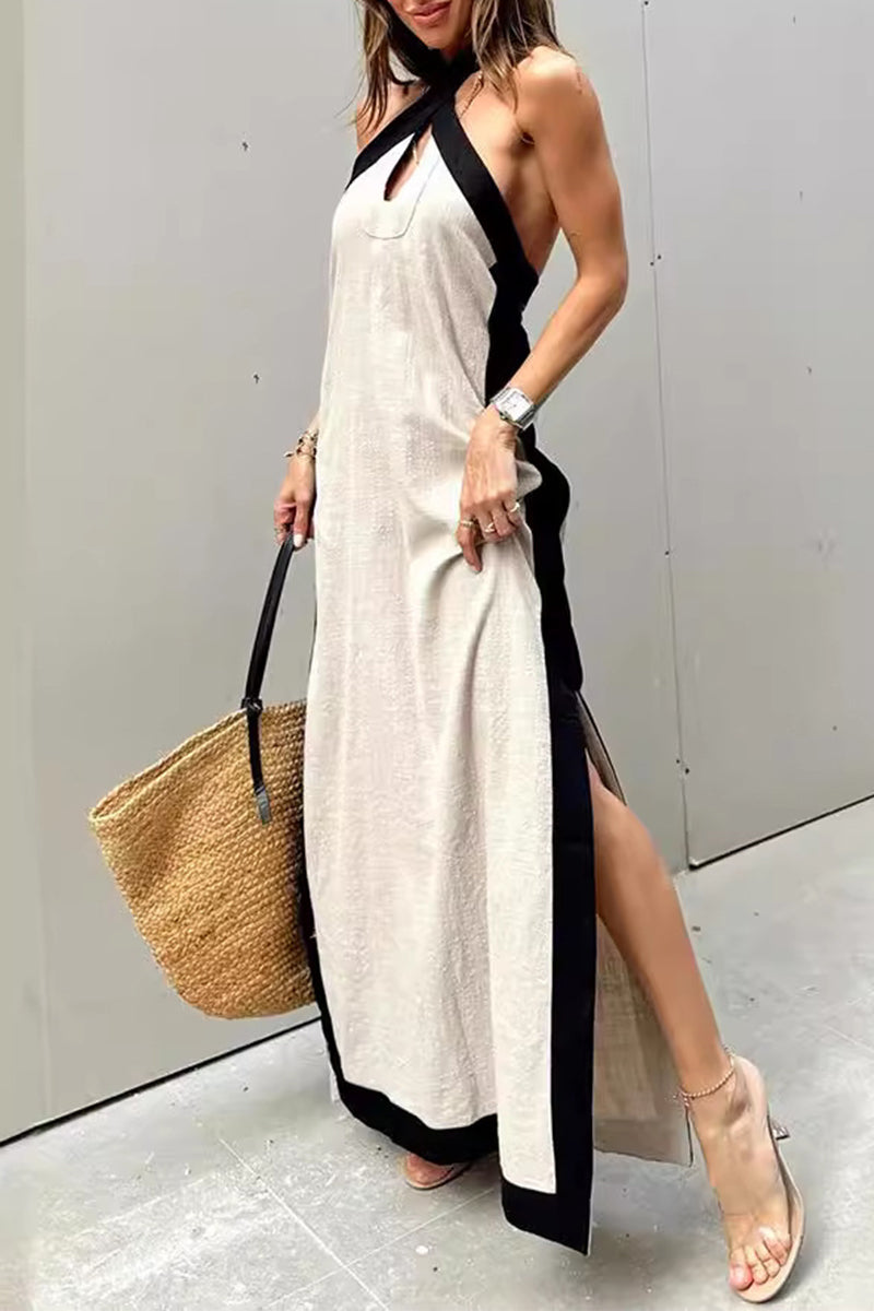 Vestidos casuales sin mangas con cuello halter, aberturas y contraste (3 colores)