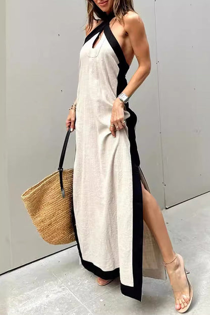 Vestidos casuales sin mangas con cuello halter, aberturas y contraste (3 colores)