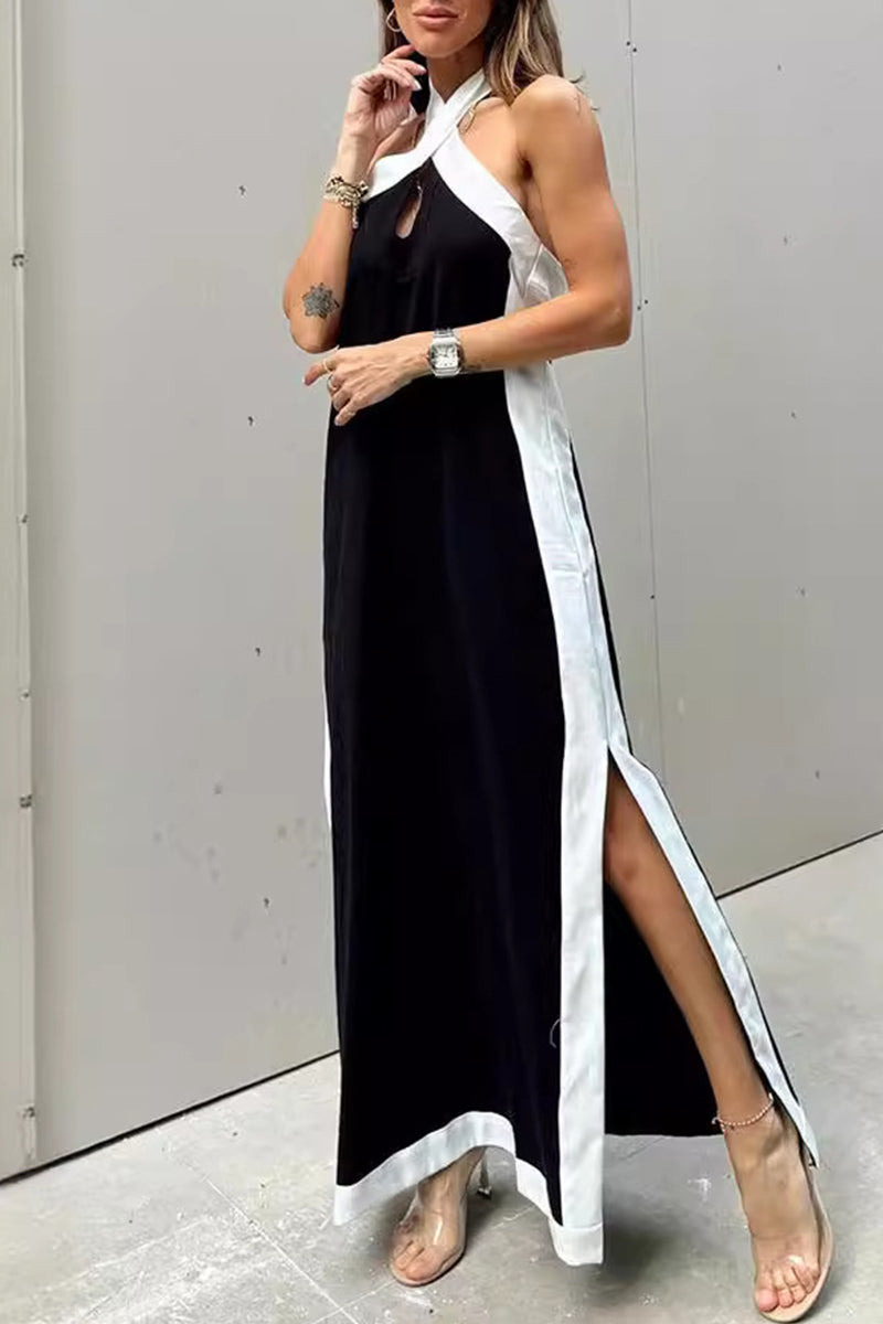 Vestidos casuales sin mangas con cuello halter, aberturas y contraste (3 colores)