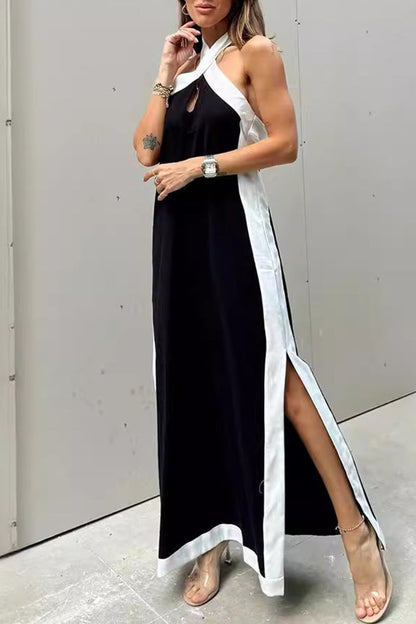 Vestidos casuales sin mangas con cuello halter, aberturas y contraste (3 colores)