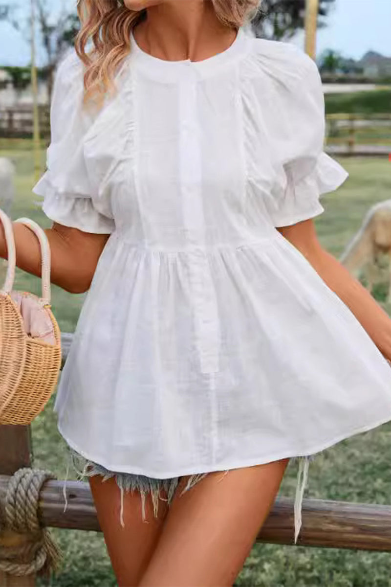 Blusas casuales sencillas de cuello redondo liso