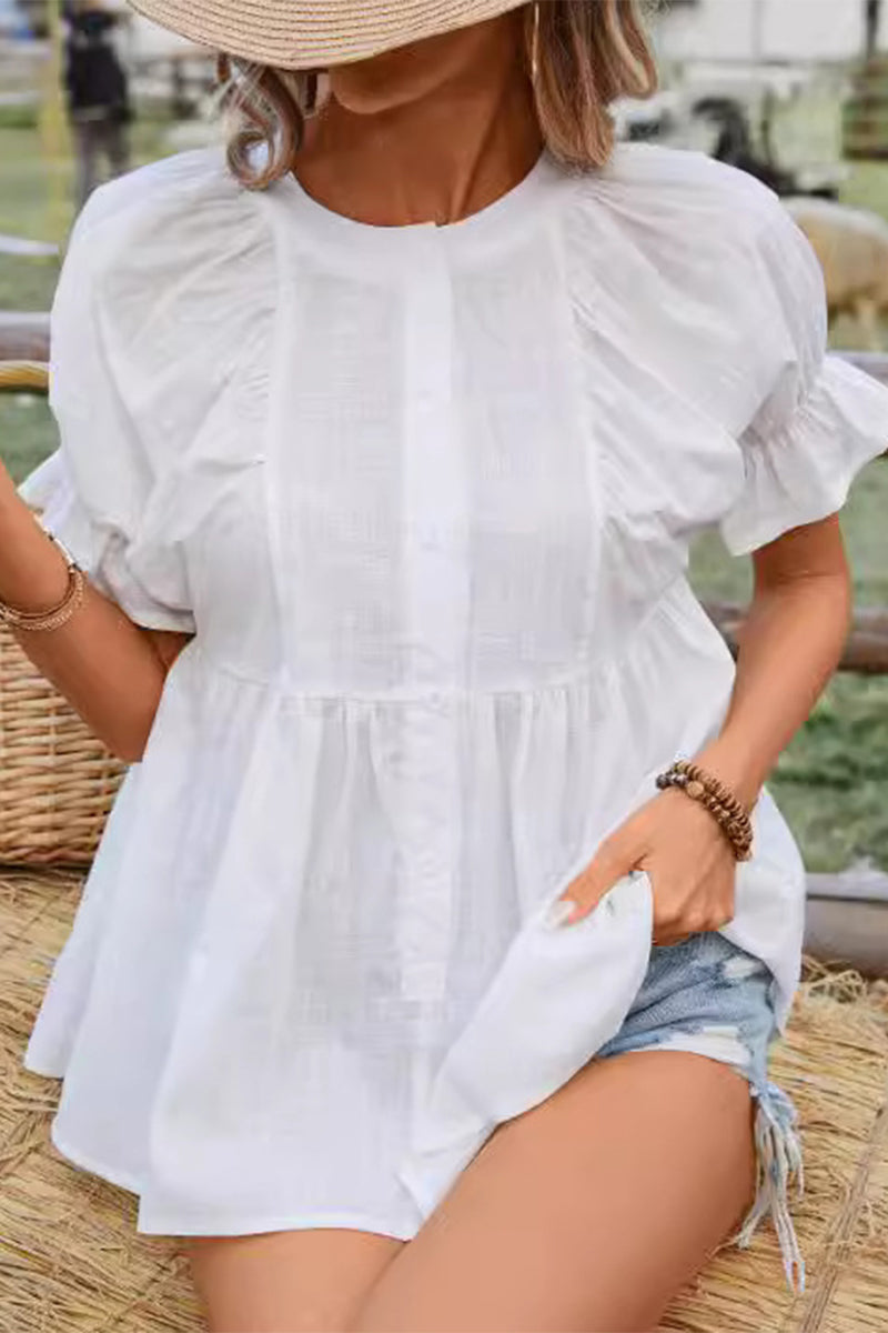Blusas casuales sencillas de cuello redondo liso