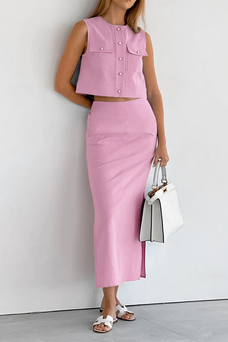 Elegante simplicidad, botones sólidos, abertura, cuello redondo, sin mangas, dos piezas