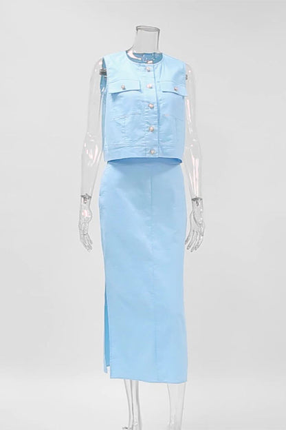 Elegante simplicidad, botones sólidos, abertura, cuello redondo, sin mangas, dos piezas