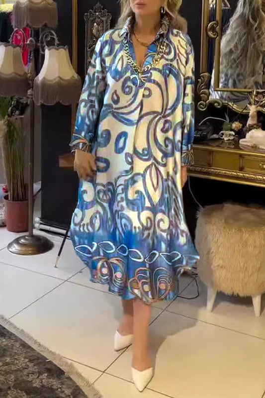Vestidos estampados casuales con cuello vuelto y estampado geométrico de patchwork