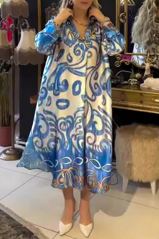 Vestidos estampados casuales con cuello vuelto y estampado geométrico de patchwork