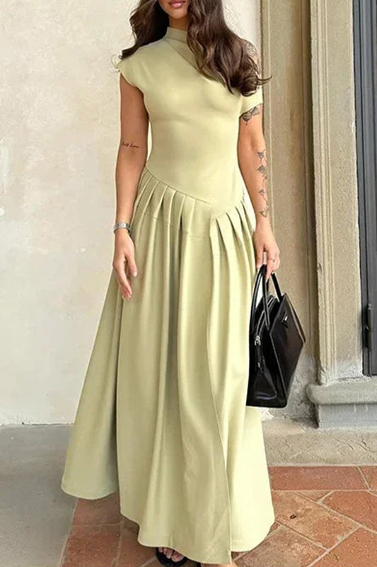 Vestidos elegantes de corte A con cuello oblicuo y pliegues sólidos y simplicidad