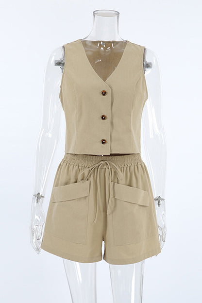 Conjunto informal de dos piezas con cuello en V, sin mangas, bolsillos, botones y estampado liso para uso diario