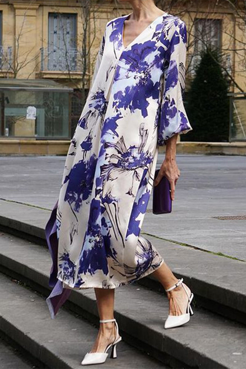 Vestidos casuales de corte A con cuello en V fruncido y estampado de flores