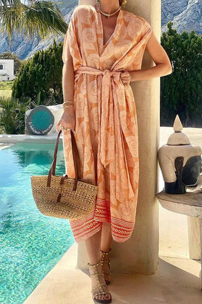 Vestido playero informal de manga corta con escote en V y estampado floral para vacaciones