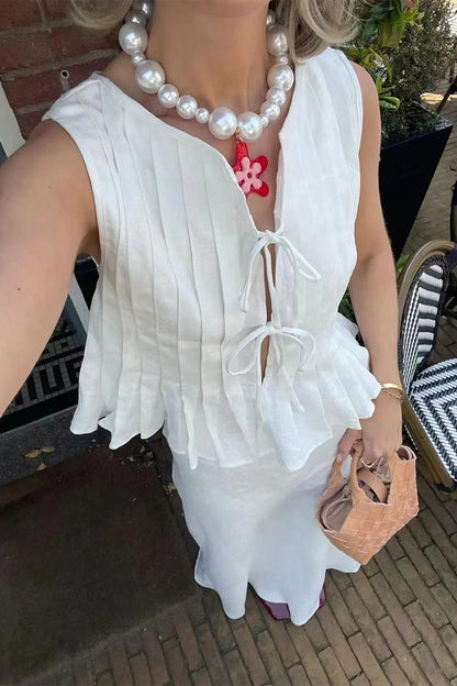 Conjunto informal de dos piezas con cuello redondo fruncido, sin mangas y cordones para uso diario