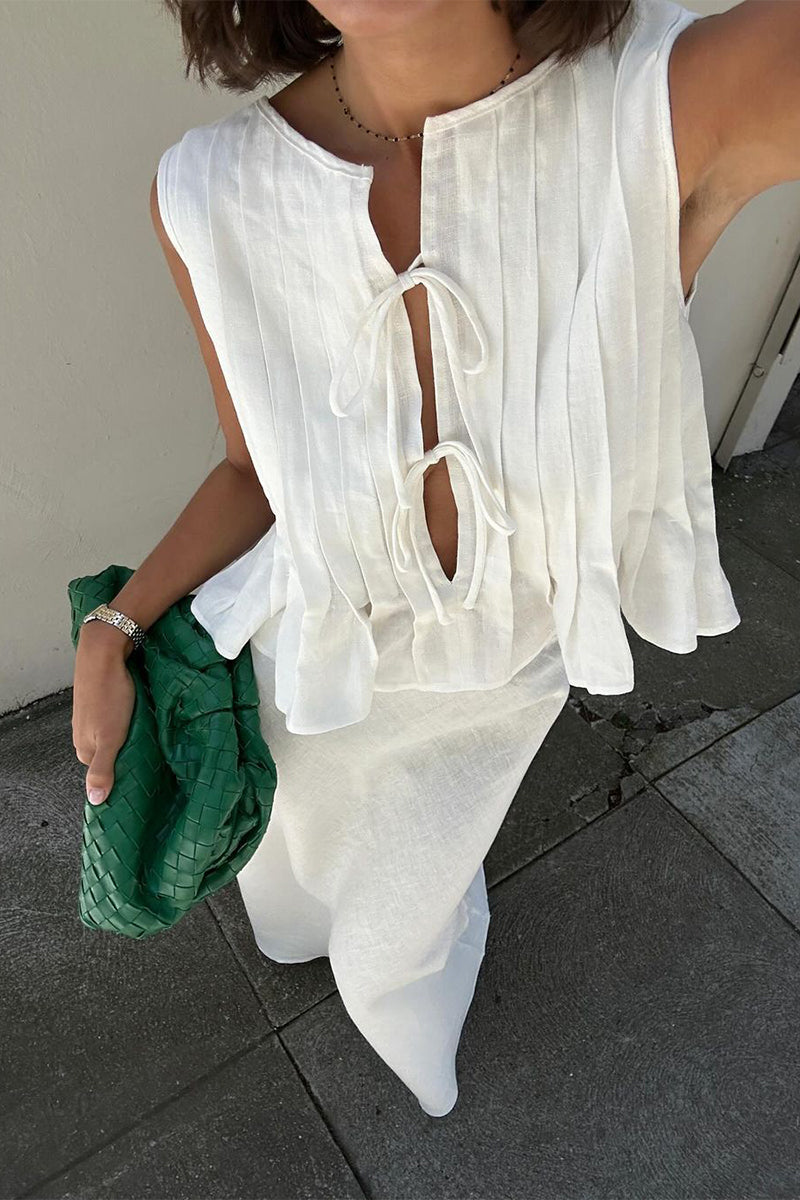 Conjunto informal de dos piezas con cuello redondo, sin mangas, color sólido, con cordones y fruncido