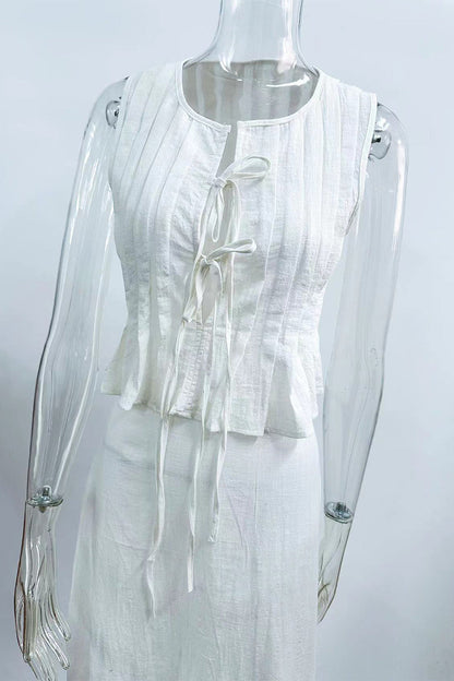 Conjunto informal de dos piezas con cuello redondo fruncido, sin mangas y cordones para uso diario