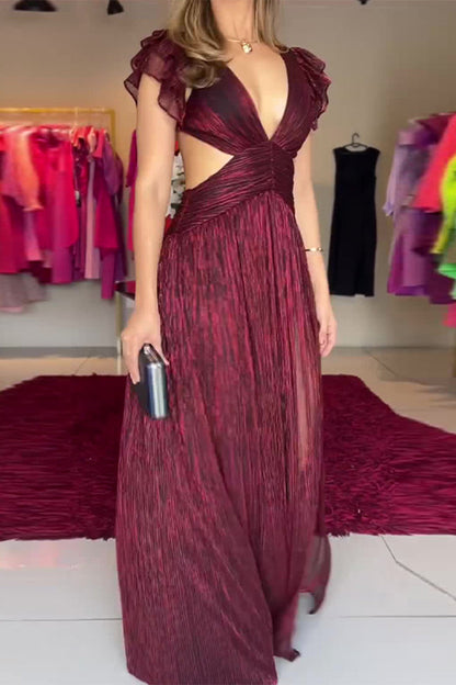 Vestidos sexis de corte A con escote en V plisado y abertura en color sólido