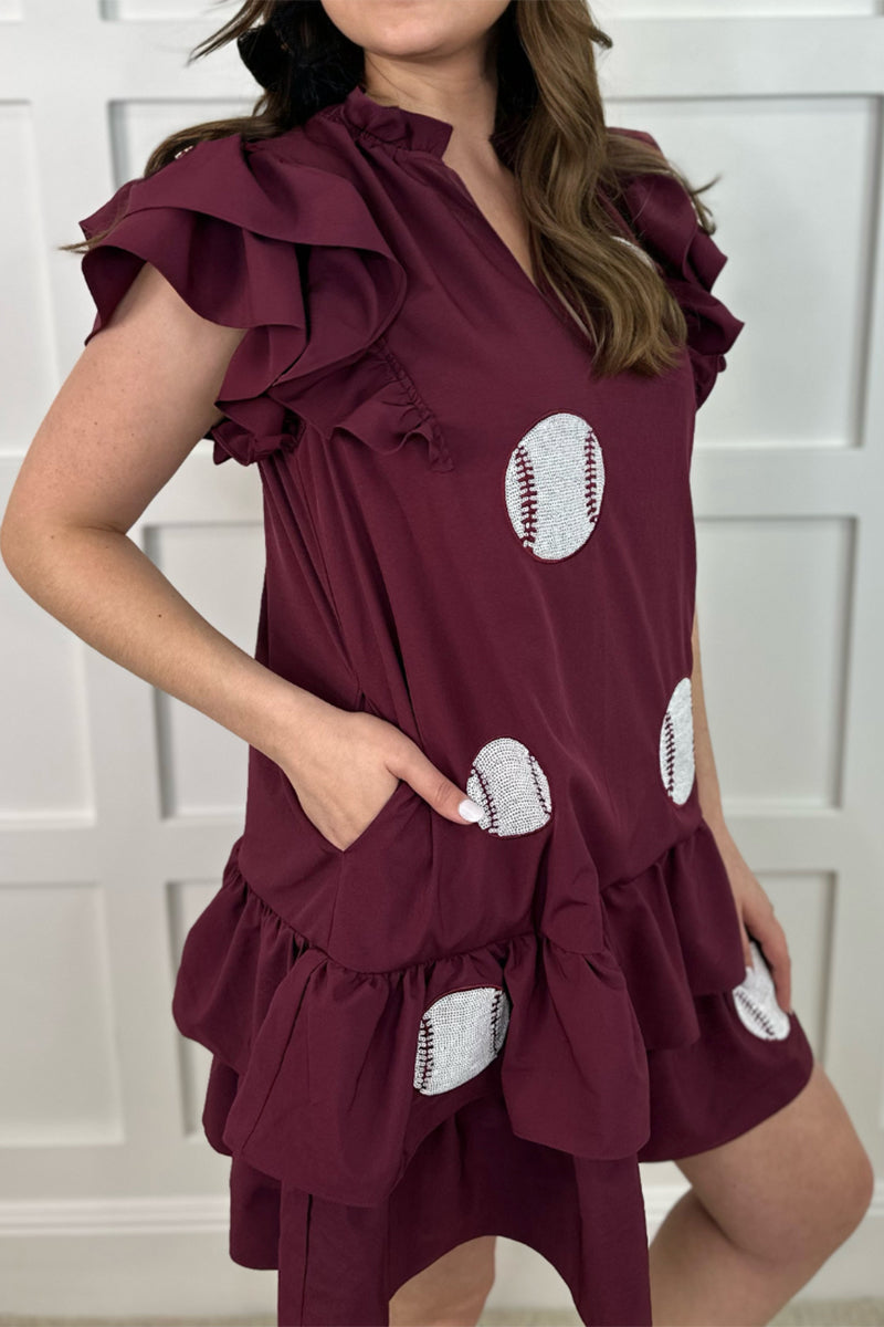 Vestidos casuales con estampado geométrico, bordados, lentejuelas, bolsillos, volantes, cuello en V, irregulares