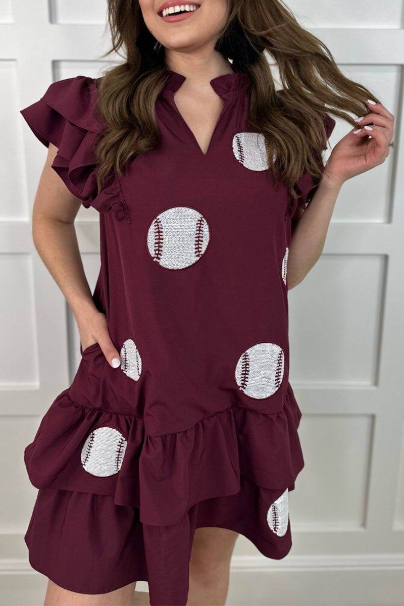 Vestidos casuales con estampado geométrico, bordados, lentejuelas, bolsillos, volantes, cuello en V, irregulares