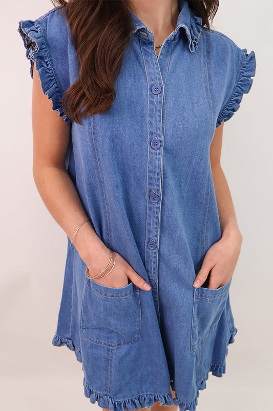 Vestido vaquero holgado informal de diario con cuello camisero, manga corta, color liso, desgastado, con bolsillos y volantes