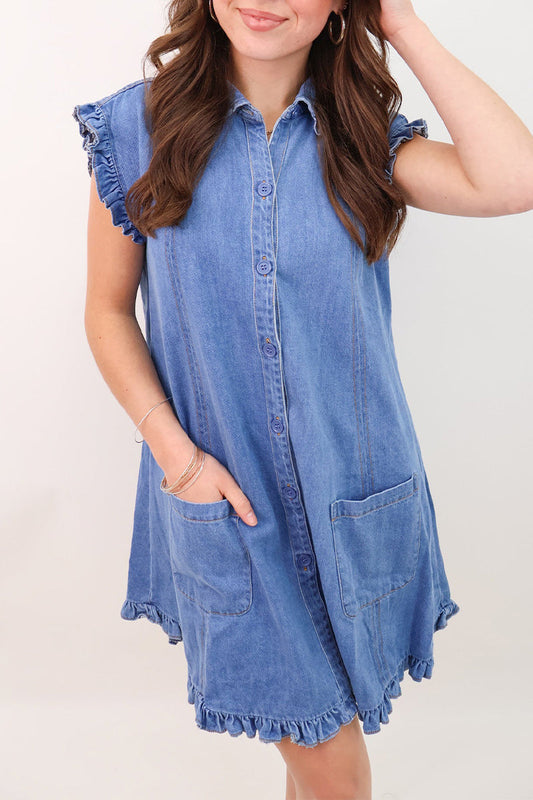 Vestido vaquero holgado informal de diario con cuello camisero, manga corta, color liso, desgastado, con bolsillos y volantes