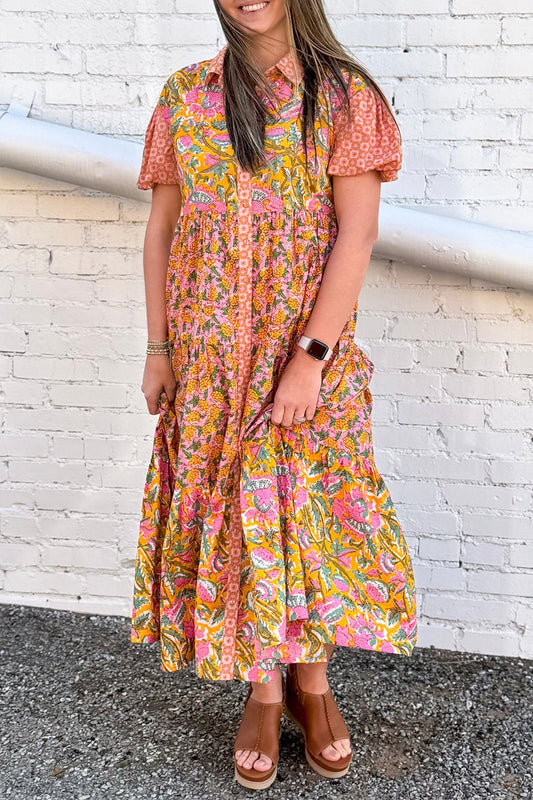 Vestidos casuales de corte A con cuello vuelto, hebilla y estampado floral para uso diario