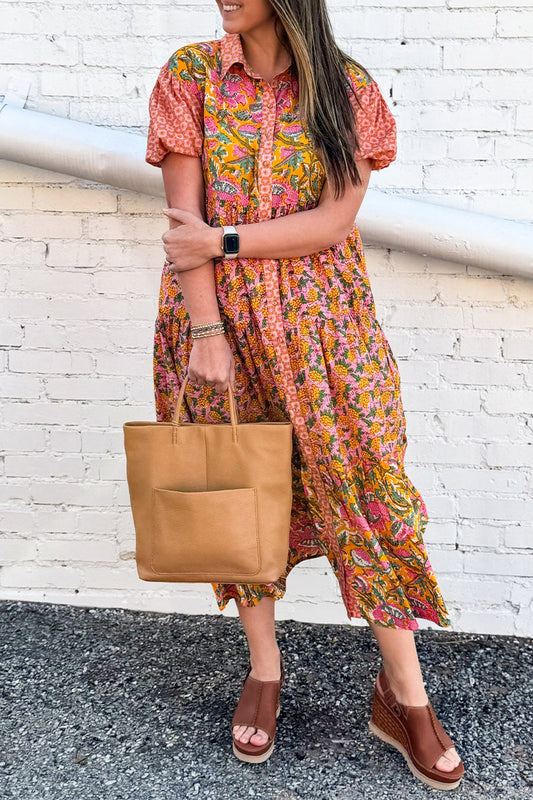Vestidos casuales de corte A con cuello vuelto, hebilla y estampado floral para uso diario