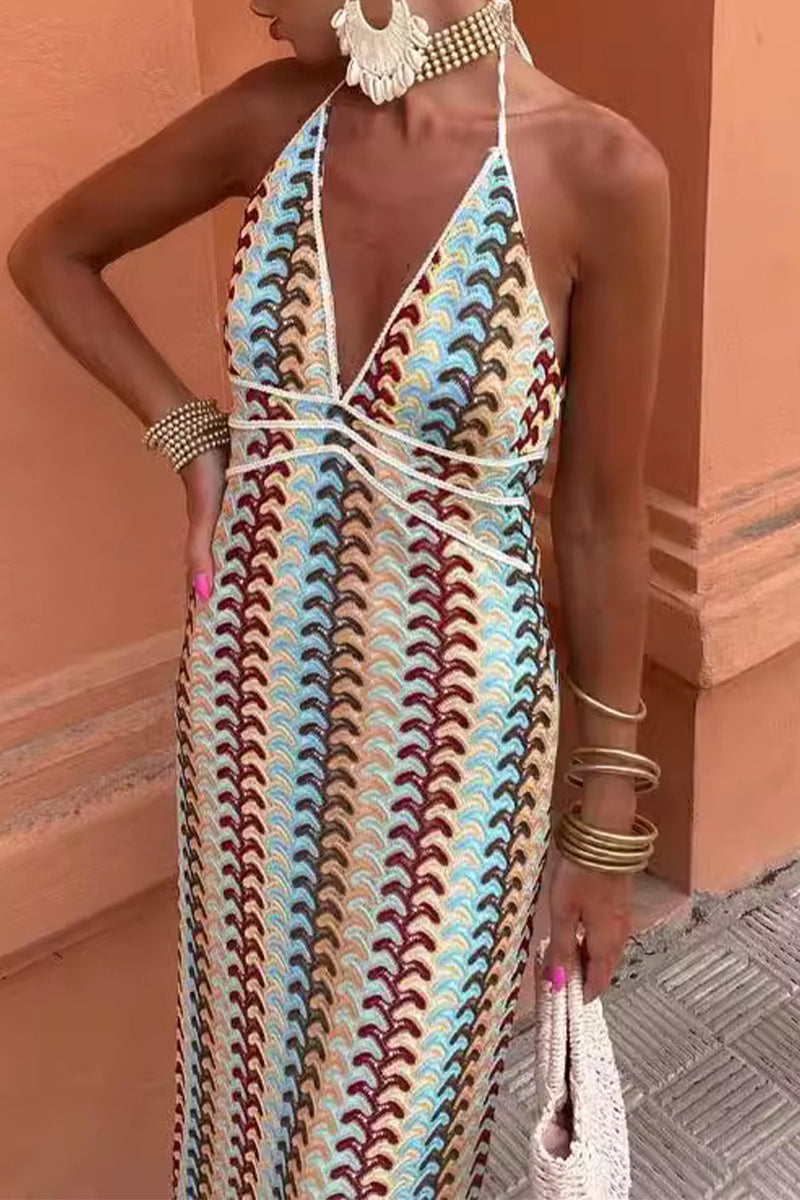 Vestidos sexis de falda de un solo paso con escote en V, espalda descubierta y encaje en bloques de colores