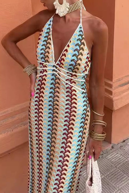 Vestidos sexis de falda de un solo paso con escote en V, espalda descubierta y encaje en bloques de colores