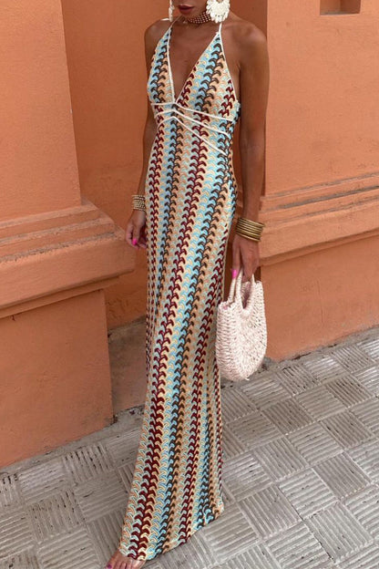 Vestidos sexis de falda de un solo paso con escote en V, espalda descubierta y encaje en bloques de colores