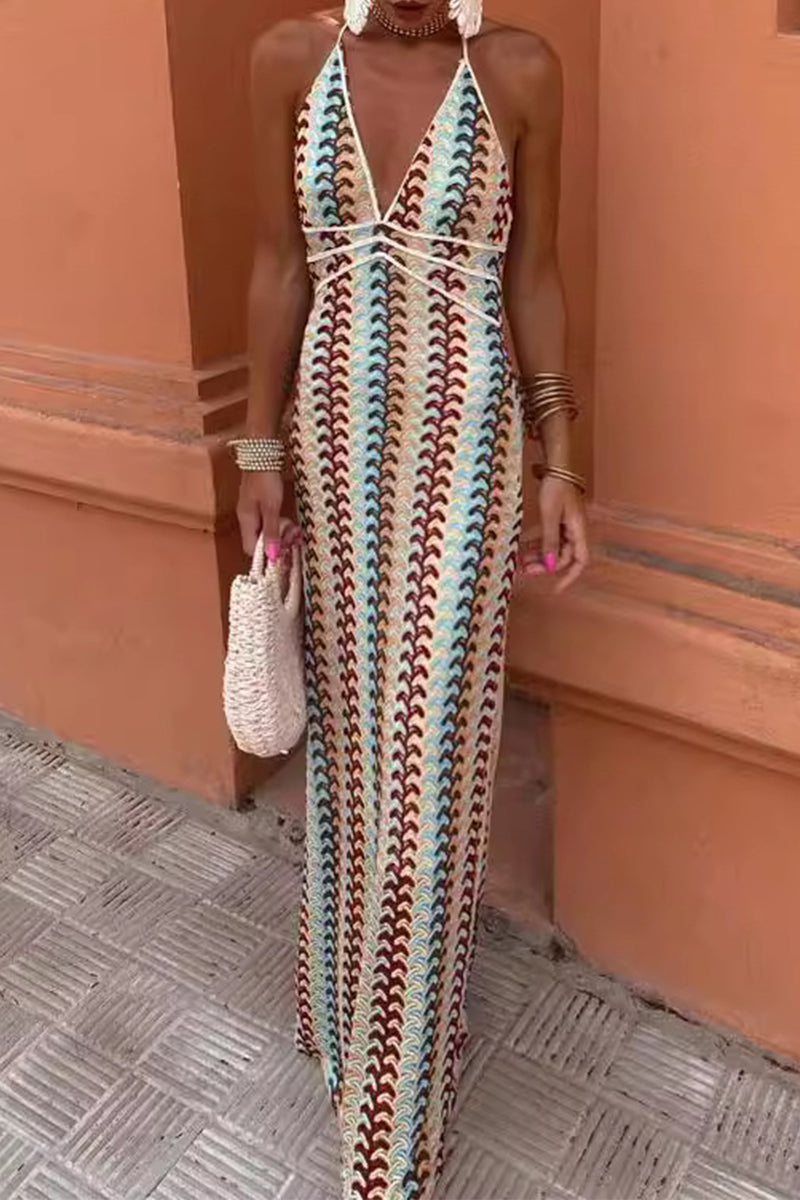 Vestidos sexis de falda de un solo paso con escote en V, espalda descubierta y encaje en bloques de colores