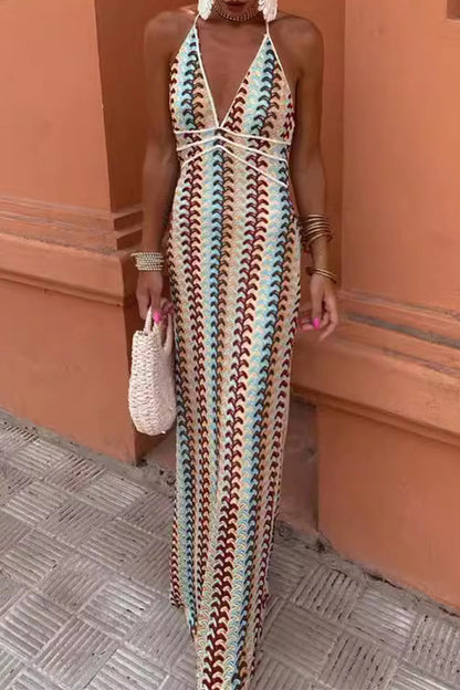 Vestidos sexis de falda de un solo paso con escote en V, espalda descubierta y encaje en bloques de colores