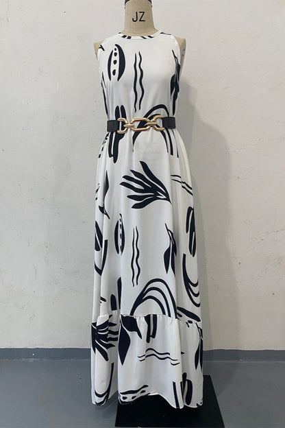 Vestidos largos casuales con estampado floral, cordones y cinturón, cuello redondo