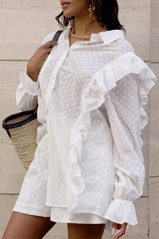 Conjunto informal de dos piezas con cuello vuelto, manga larga y bolsillos de color liso en jacquard para uso diario.