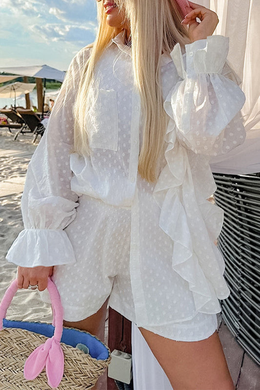 Conjunto informal de dos piezas con cuello vuelto, manga larga y bolsillos de color liso en jacquard para uso diario.