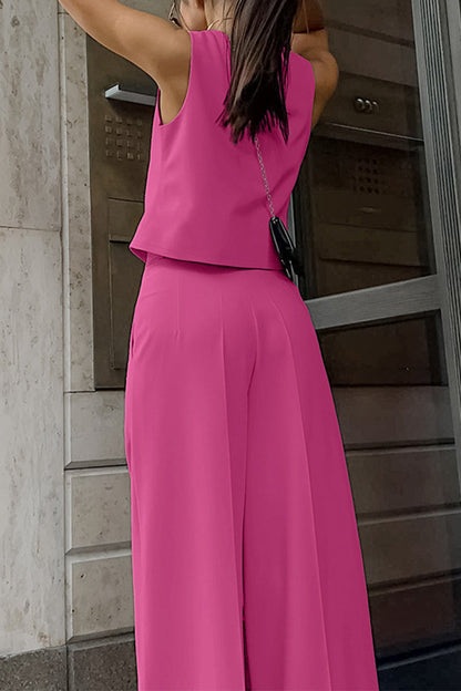 Conjunto informal de dos piezas con cuello en V, sin mangas, bolsillos, botones y color liso