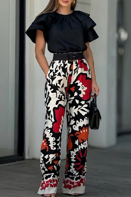 Conjunto informal de dos piezas con estampado floral, bolsillo, volantes y cuello redondo, sin cinturón