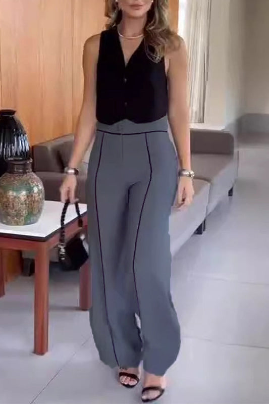 Conjunto informal de dos piezas con cuello en V, sin mangas, botones y bloques de color