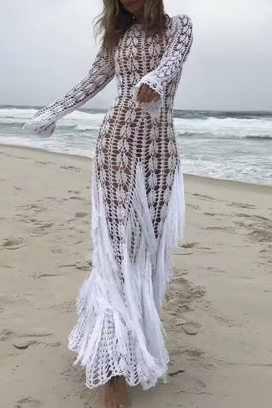 Vestidos sexis de un solo paso con borlas y cuello redondo en color sólido