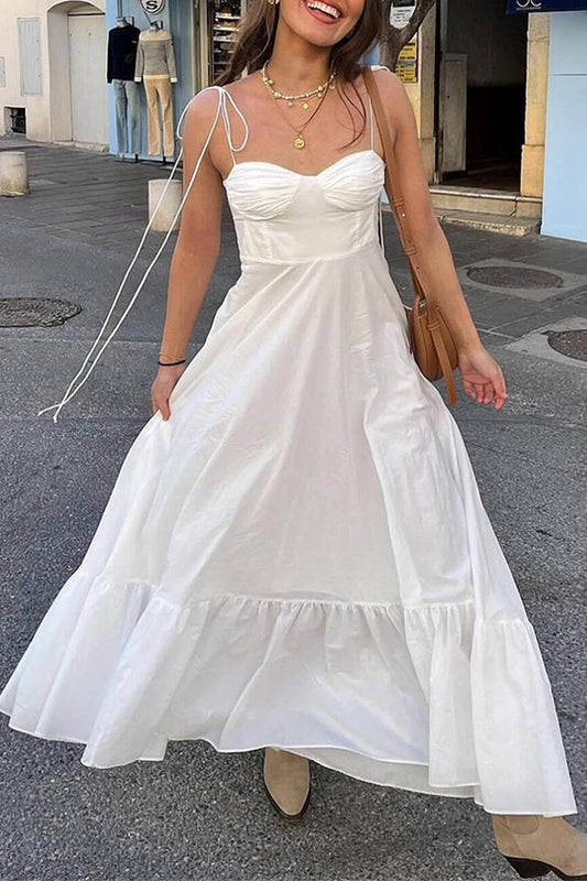 Vestidos casuales de uso diario con cuello en V, tirantes finos, fruncidos y dobladillo con volantes en color liso