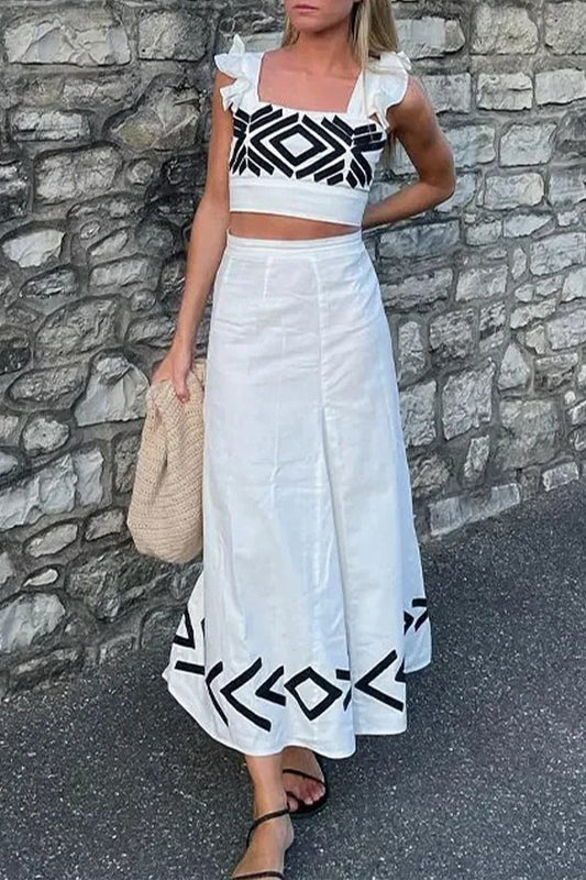 Conjunto informal de dos piezas con cuello cuadrado, volantes y estampado geométrico para vacaciones