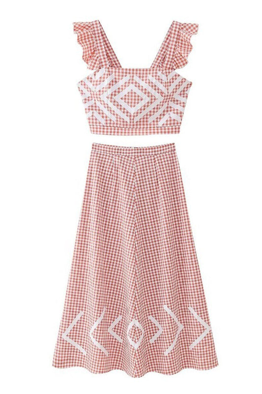 Conjunto informal de dos piezas con cuello cuadrado, estampado geométrico a cuadros y volantes