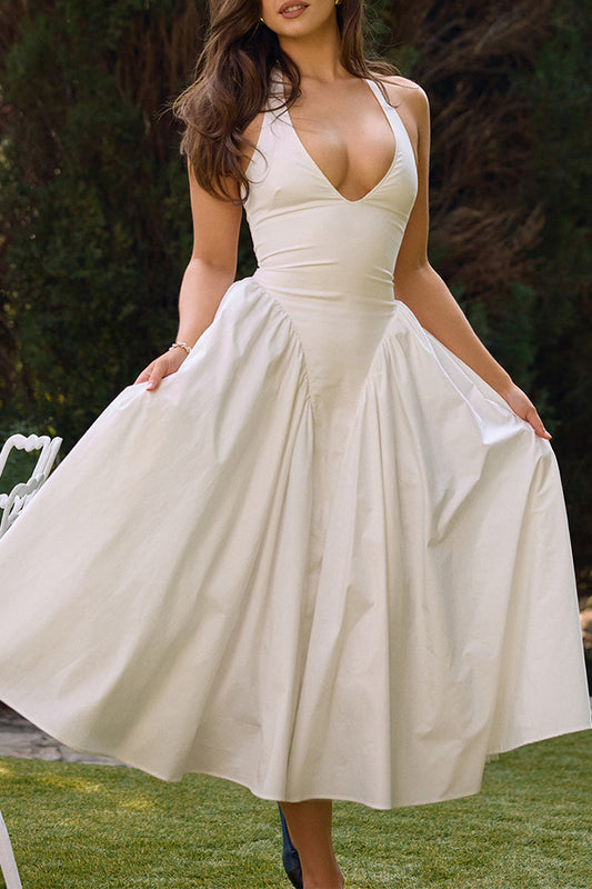 Vestidos casuales de color sólido con cordones, fruncidos, sin mangas y cuello halter