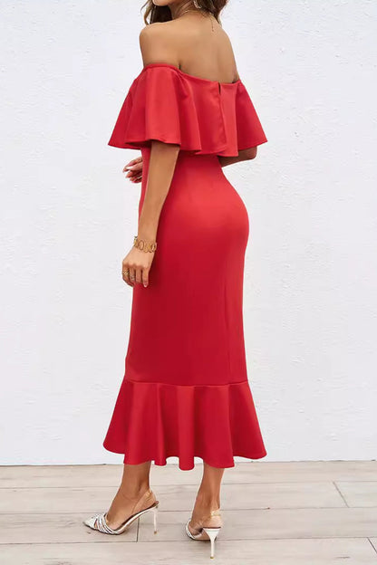 Vestidos de fiesta sexys de cola de pez con hombros descubiertos y volantes de color liso