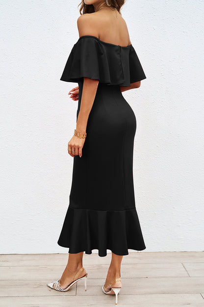 Vestidos de fiesta sexys de cola de pez con hombros descubiertos y volantes de color liso