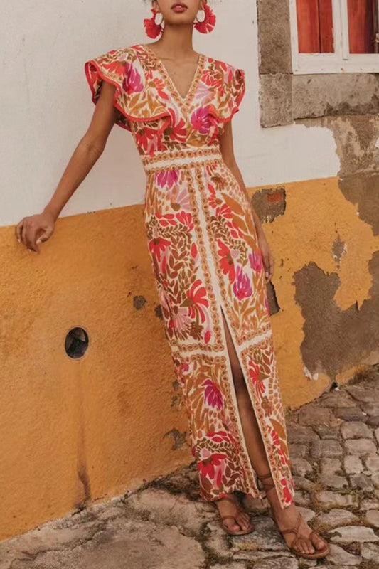 Vestidos casuales de corte A con escote en V, abertura y volantes, sin espalda y estampado floral