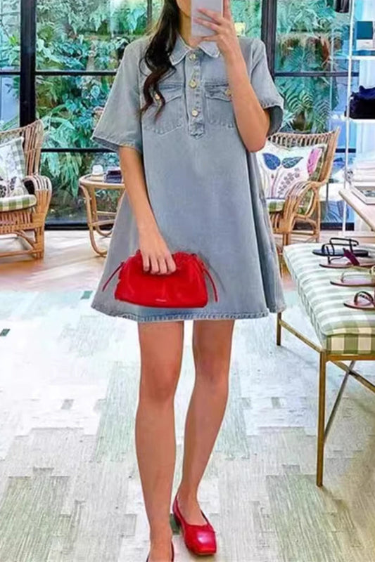Vestidos casuales de mezclilla sueltos de manga corta con cuello vuelto y botones de color sólido para uso diario