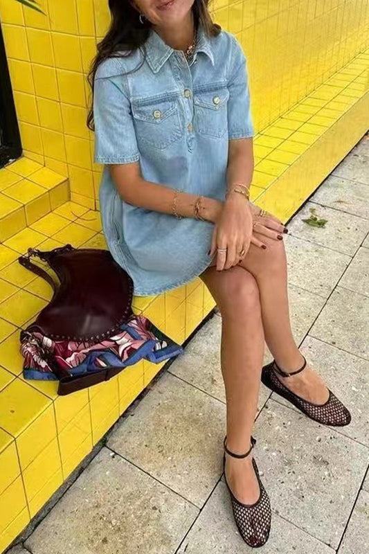 Vestidos casuales de mezclilla sueltos de manga corta con cuello vuelto y botones de color sólido para uso diario