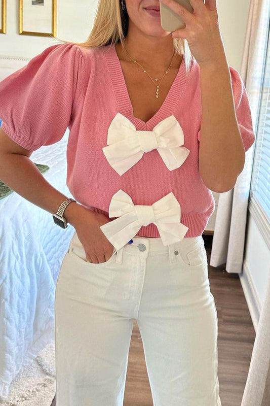Tops casuales de cuello en V con lazo decorativo de color sólido para uso diario