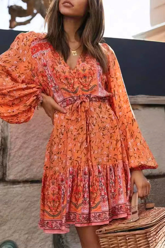 Vestidos casuales de corte A con cuello en V, cordones y estampado floral